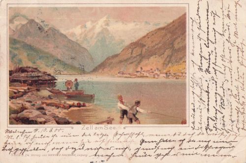 Lithographie Zell am See, Partie am See