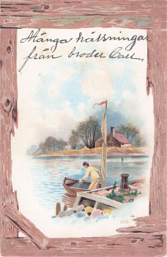 Postkarte mit einer Illustration im Stil der schwedischen Kinderbuchautorin und Illustratorin Elsa Beskow