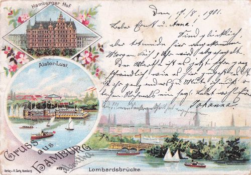 Lithographie Hamburg, Restaurant Alster-Lust, Hotel Hamburger Hof, Lombardsbrücke