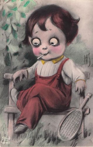 Kind mit einer Zigarette zeigt. Augen aus Plastik Glasaugen Signiert „HJ