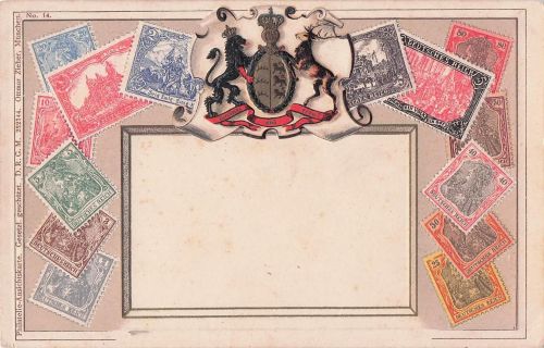 Präge-Ansichtskarte Baden-Württemberg, Briefmarken und Wappen