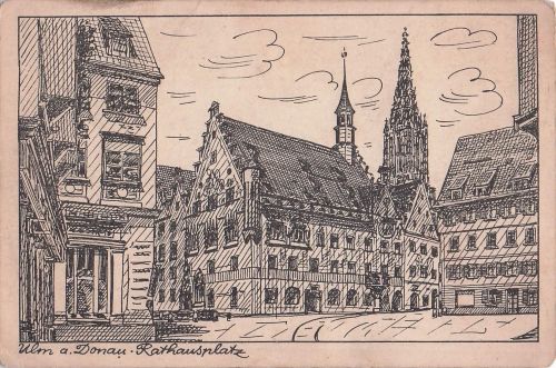 Künstler-AK Ulm a. D., Rathaus mit Brunnen und Passanten