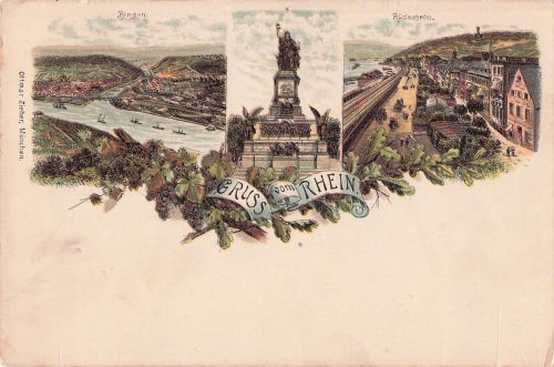 LITHO GRÜSSE AUS RÜDESHEIM RHEINGAU TAUNUS NATIONALDENKMAL + BINGEN 3 BILD 1900