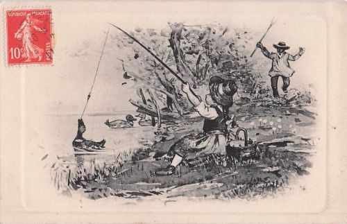 Wunderschöne Vintage-Postkarte mit einer Entenfischerei! Fischer