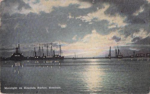 Schiffe im Hafen von Honolulu, Hawaii, ca. 1920er Jahre, Moonlight Island