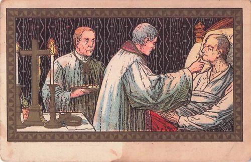 Sakrament der Krankensalbung, früher oft als „Letzte Ölung“ bezeichnet.