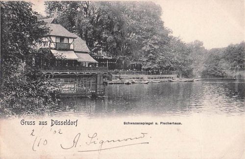 Gruss aus Düsseldorf Schwanenspiegel u. Fischerhaus.