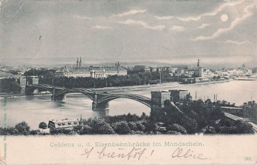 Coblenz u. d. Eisenbahnbrücke im Mondschein.