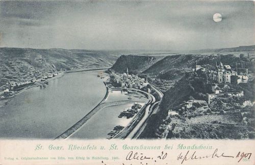 Sankt Goar Rhein Panorama und Ruine Rheinfels bei Mondschein