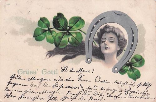 Lithographie Mädchenkopf mit Glücksklee und Hufeisen, Jugendstil