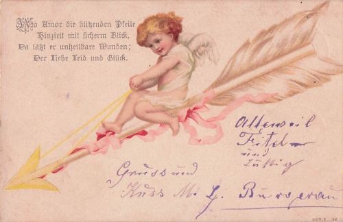 Amor * Engel, Kinder, Flügel, Pfeil, Lithografie, Glückwunsch