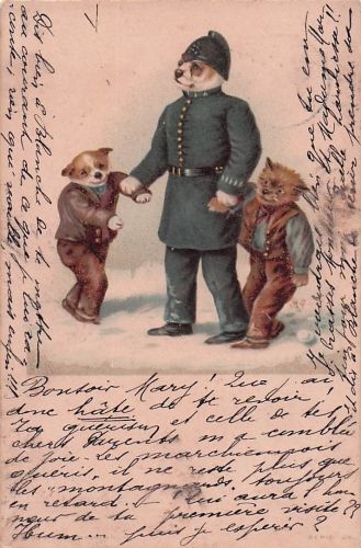 Tiere darstellt. Der Hauptfokus liegt auf einem Hund in Polizeiuniform,