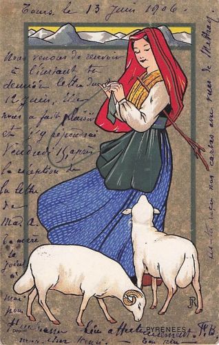Frankreich, Pyrenäen, Schöne Frau in Tracht, Schaffolklore, Jugendstil 1910