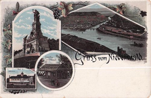 Lithographie Rüdesheim am Rhein, Eremitage a. d. Niederwall, Jagdschloss, Niederwalddenkmal