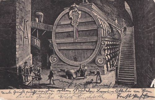 Künstler-AK Heidelberg, das grosse Heidelberger Fass mit 212422 Ltr. Fassungsermögen