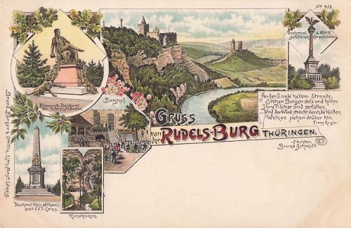 Gruss von der Rudelsburg Burghof und Denkmäler Thüringen Postkarte Litho