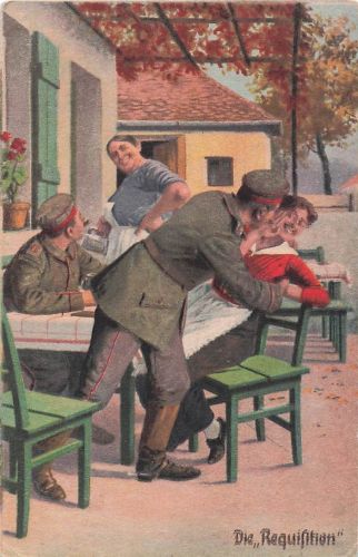 Künstler-AK Arthur Thiele unsign.: Soldatenhumor, Die Requisition, Soldat küsst die Bedienung auf die Wange