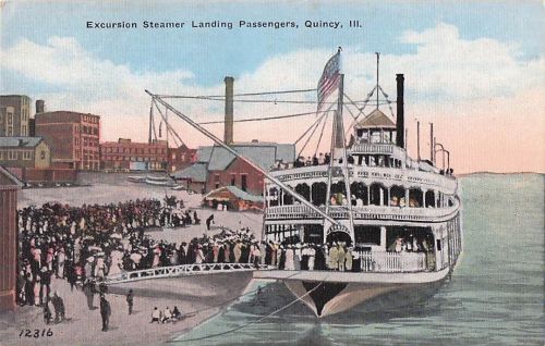 Dampfschiff-Postkarte aus den frühen 1910er Jahren – Passagiere legen mit einem Dampfschiff in Quincy, Illinois an