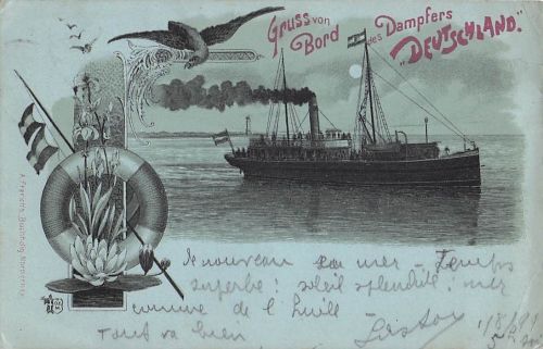 Die Postkarte zeigt den Dampfer „Deutschland
