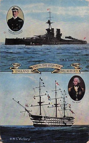Postkarte Brit. Kriegsschiff, HMS Iron Duke, HMS Victory, England expects that every man will do his duty
