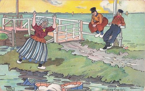 Künstler-AK Phil Raven: Niederländische Männer lachen über hysterische Waschfrau