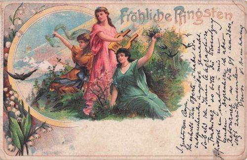 Lithographie Hübsche Frauen mit Harfe wünschen fröhliche Pfingsten