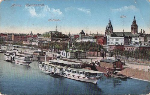 AK Mainz, Rheinansicht mit Dampfer & Stadthalle