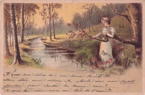 Gedicht auf AK Frau Fluss Baeume Natur Litho Kat. Lyrik