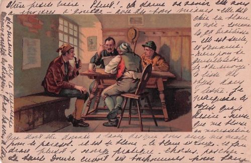 Lithographie Bauern beim Zeitunglesen - Reklame für Nestlés Kindermehl