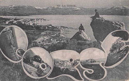 AK La Corse, verschiedene Teilansichten im Namenszug Corse, Blick auf einen Küstenort