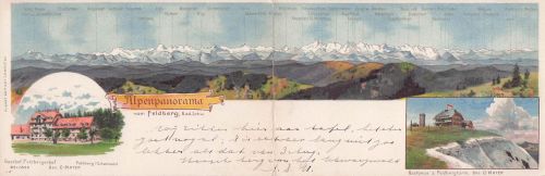 Klapp-Lithographie Feldberg, Alpenpanorama mit Gasthöfen Feldberghof und Feldbergturm