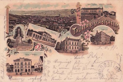 Litho Tauberbischofsheim in Baden Württemberg, Gymnasium, Rathaus, Marktplatz, Bahnhof