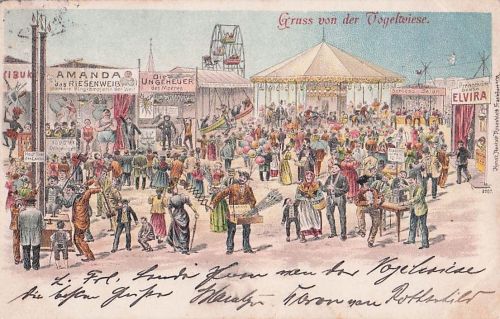 Lithographie Dresden, Vogelwiese, Fahrgeschäfte und Buden