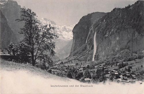 Lauterbrunnen BE Panorama mit Staubbach Wasserfall Kat. Lauterbrunnen