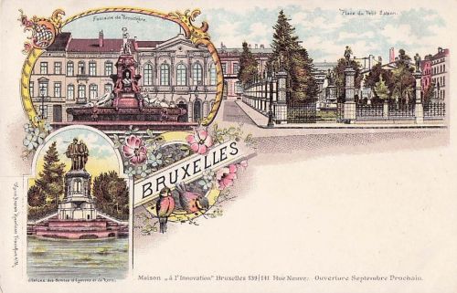 Lithographie Bruxelles, Fontaine de Brouckère, Place du Petit Sablon, Statues des Comtes