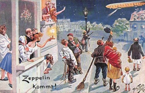 Künstler Ak Thiele, Arthur, Zeppelin kommt, Straßenszene bei Nacht