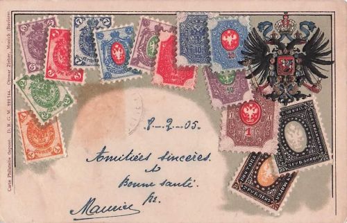 Lithographie Russland, Briefmarken und dopelköpfiger Adler mit Wappen