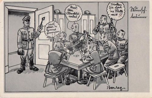Künstler-Ansichtskarte Ferdinand Barlog: Wehrmachtssoldaten spielen Karten und trinken Bier in der Unterkunft, Soldatenhumor