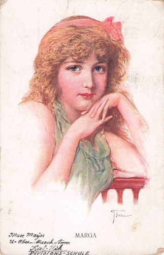 Signierte Künstlerpostkarte „Hübsches Mädchen mit lockigem Haar“, Marga, Deutschland, unstempelte antike Postkarte