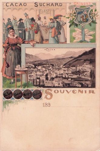 Lithographie Chur /Coire, Kakao Suchard, Gesellschaft in Tracht bei einem Fest, Wappen