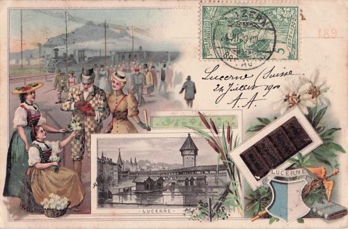 Litho Lucerne Luzern Stadt Schweiz, Blumenfrauen, Stadtansicht, Schokolade Suchard