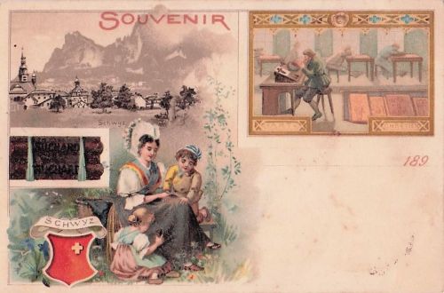 Lithographie Schwyz, Kakao Suchard, Ortsansicht, Lesesaal, Art Chretien, Wappen