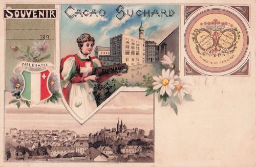 Lithographie Neuchatel, Kakao Suchard, Frau in Tracht, Ortsansicht, Wappen