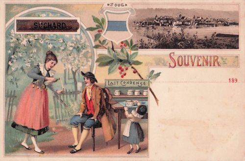 Litho Zug Stadt Schweiz, Gesamtansicht, Volkstrachten, Lait Condense, Chocolat Suchard