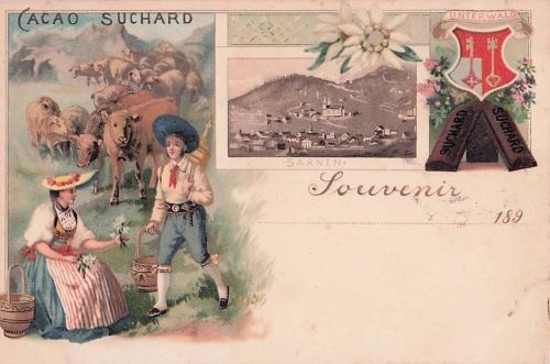Litho Sarnen Kt. Obwalden Schweiz, Wappen Unterwald, Cacao Suchard Reklame, Senn