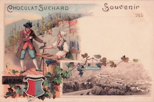 Litho Bellinzona Kt. Tessin Schweiz, Panorama, Reklame Chocolat Suchard, Weinernte