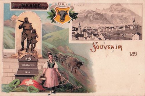 Lithographie Altdorf, Ortsansicht, Wilhelm Tell-Denkmal, Suchard Reklame