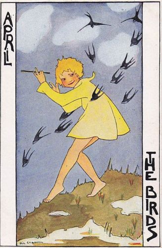 Künstler Ak Cramer, Rie, April, Kind, Schwalben, Allegorie