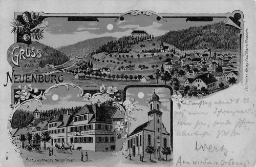 Mondschein-Lithographie Neuenbürg / Württb., Post Gasthaus zum Bären, Kirche, Panorama