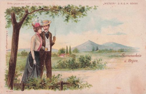 Lithographie Paar spaziert im Sonnenschein, Im Gegenlicht bei starkem Regen, Halt gegen das Licht